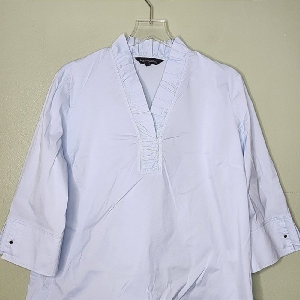Ming Wang Blue Ruffled Collar Blouse Shirt Popover Tunic 3/4 Sleeve Preppy Large